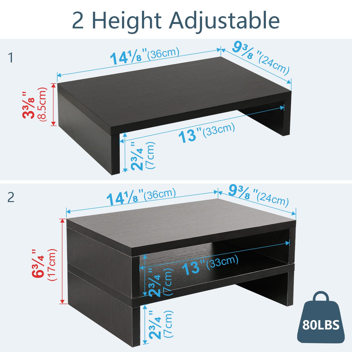 TEAMIX 2-Pack Wood Monitor Stand Riser for Desk , Black