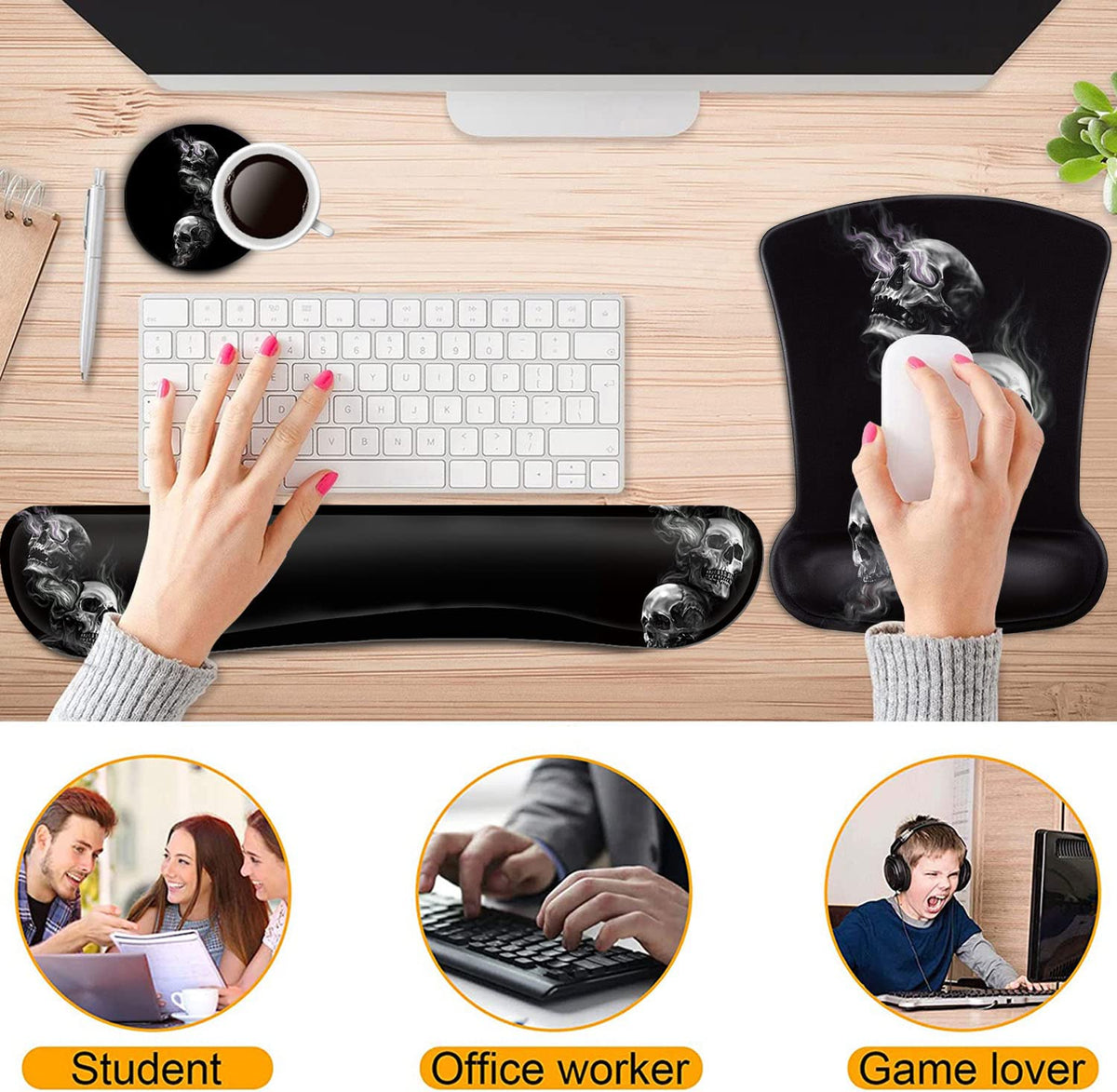 Keyboard Wrist Rest and Mouse Pad Wrist Support Set,Smoking Skull Ergonomic Gel Mouse Pad,Easy