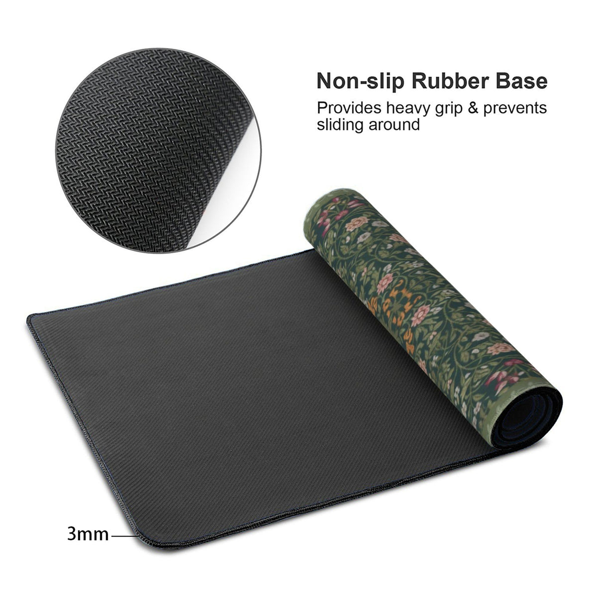 Dark Green Floral XXL Desk Mat, Extra Large Mouse Pad with Anti-Slip Base & Stitched Edges for