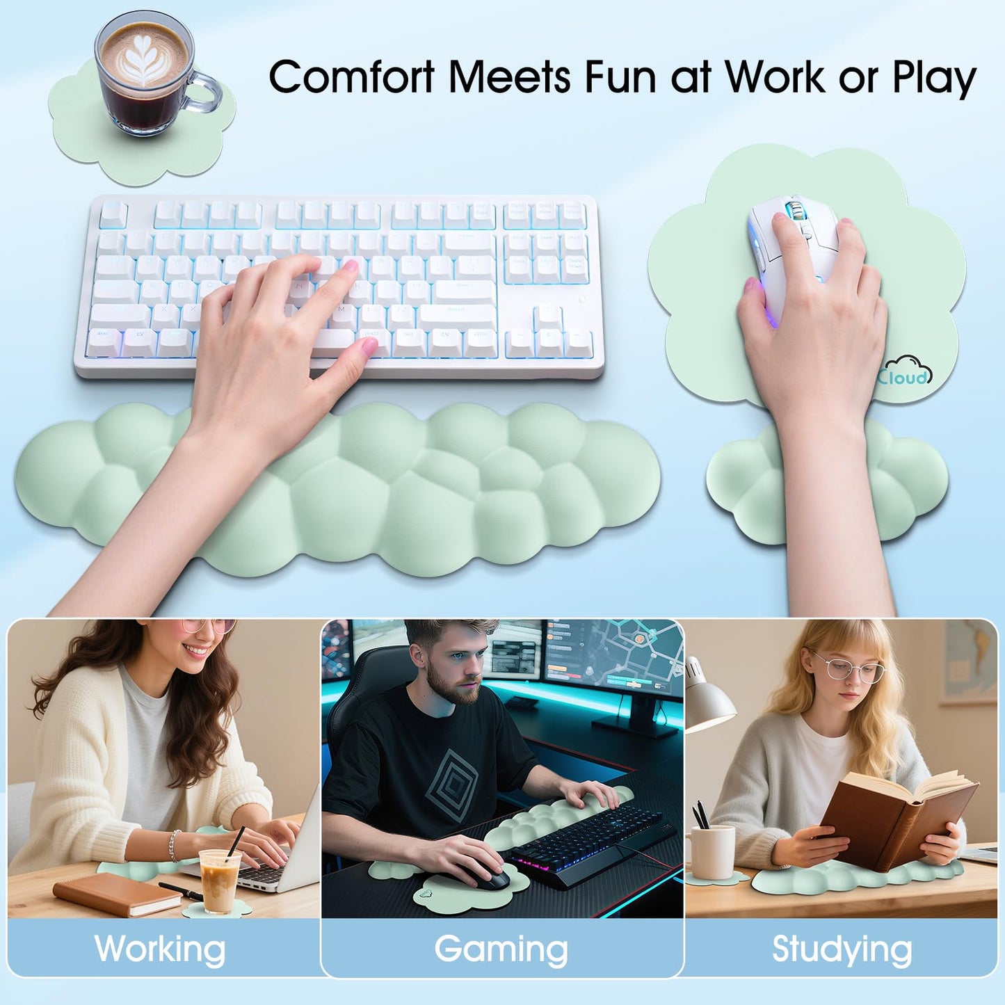 Retuhapy Cloud Wrist Rest Keyboard Cushion and Cloud Mouse Pad, Light Green