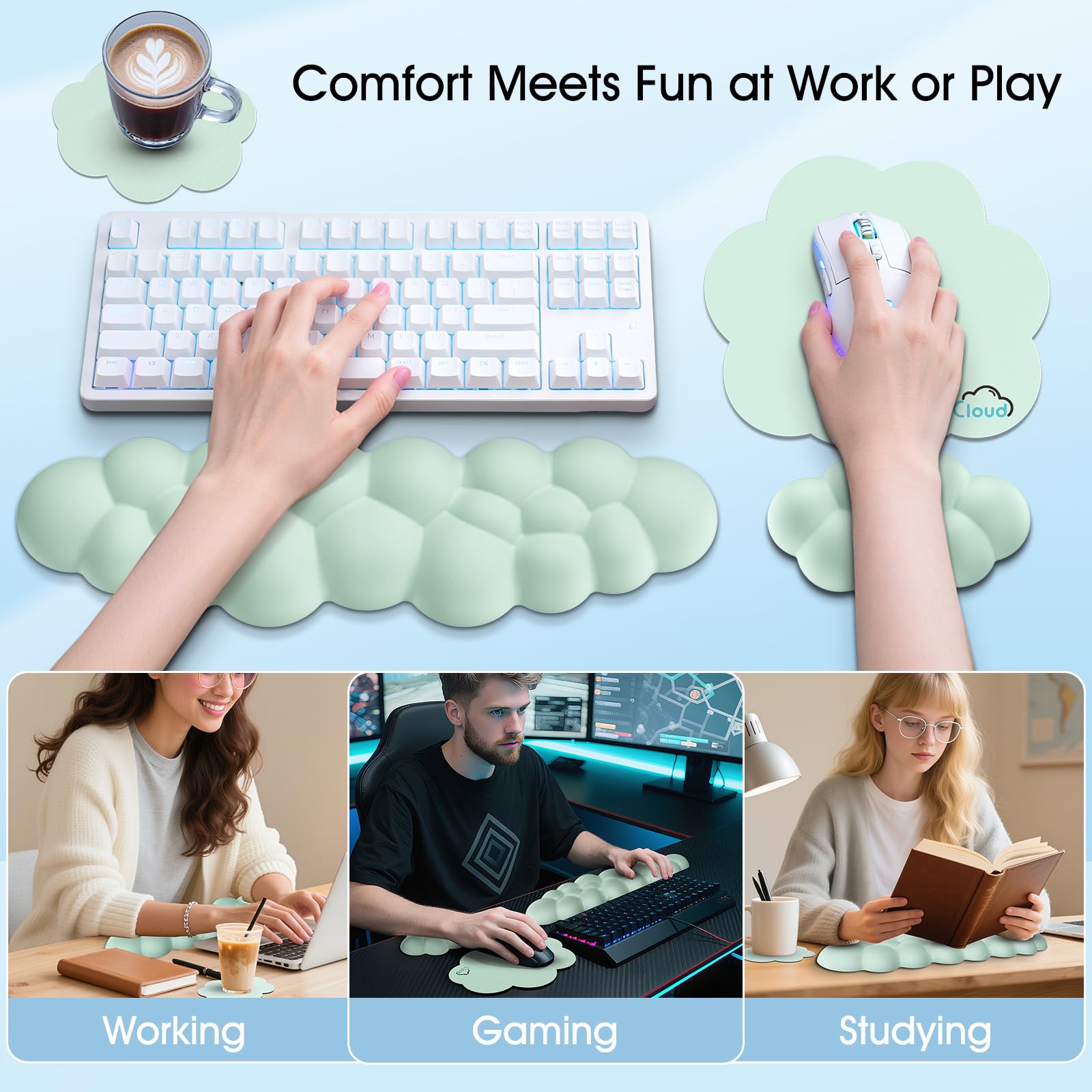 Retuhapy Cloud Wrist Rest Keyboard Cushion and Cloud Mouse Pad, Light Green
