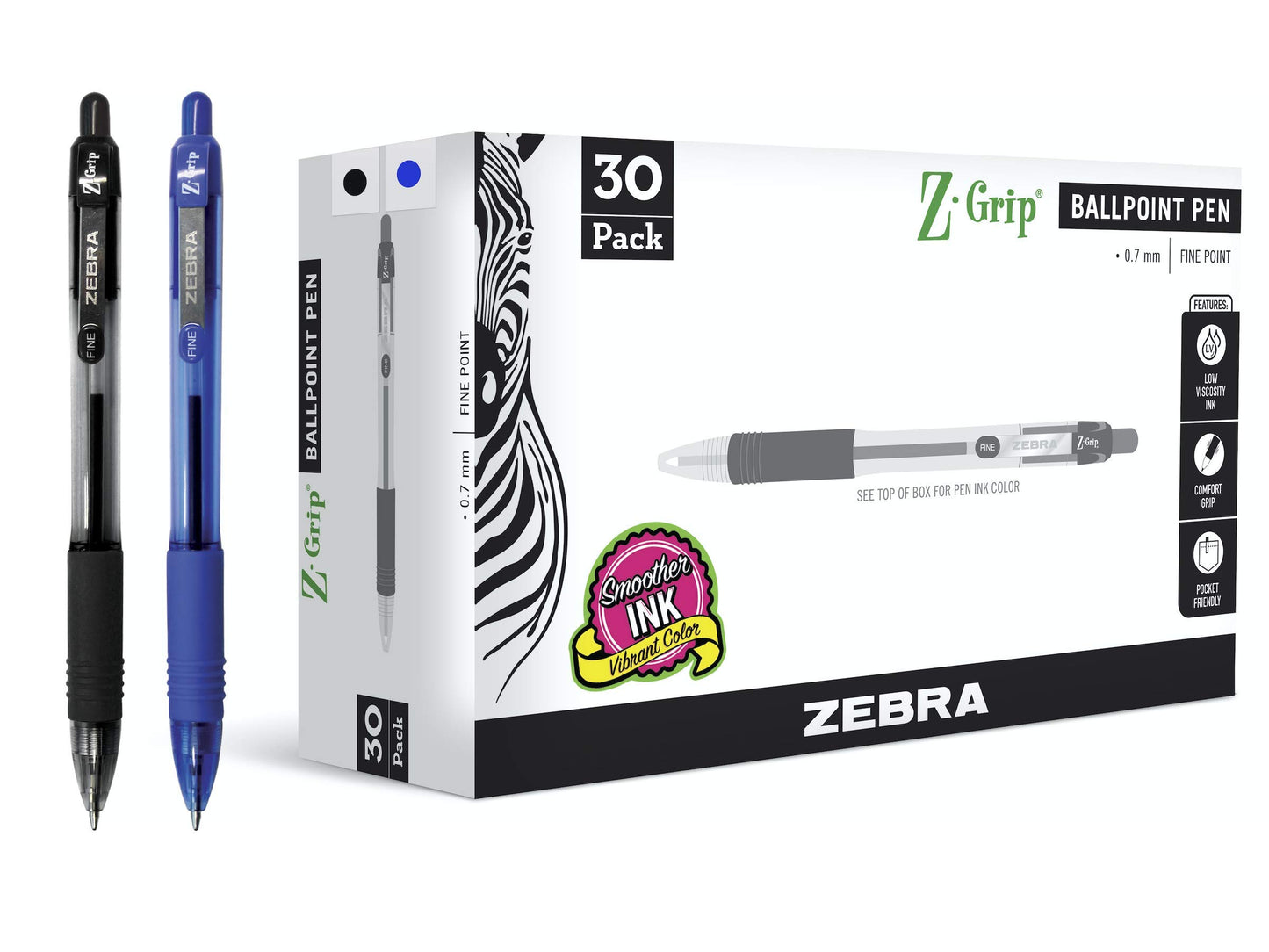 Zebra Pen Z-Grip Ballpoint Pen, Black/Blue Ink, 0.7mm, 30 Bulk-Pack