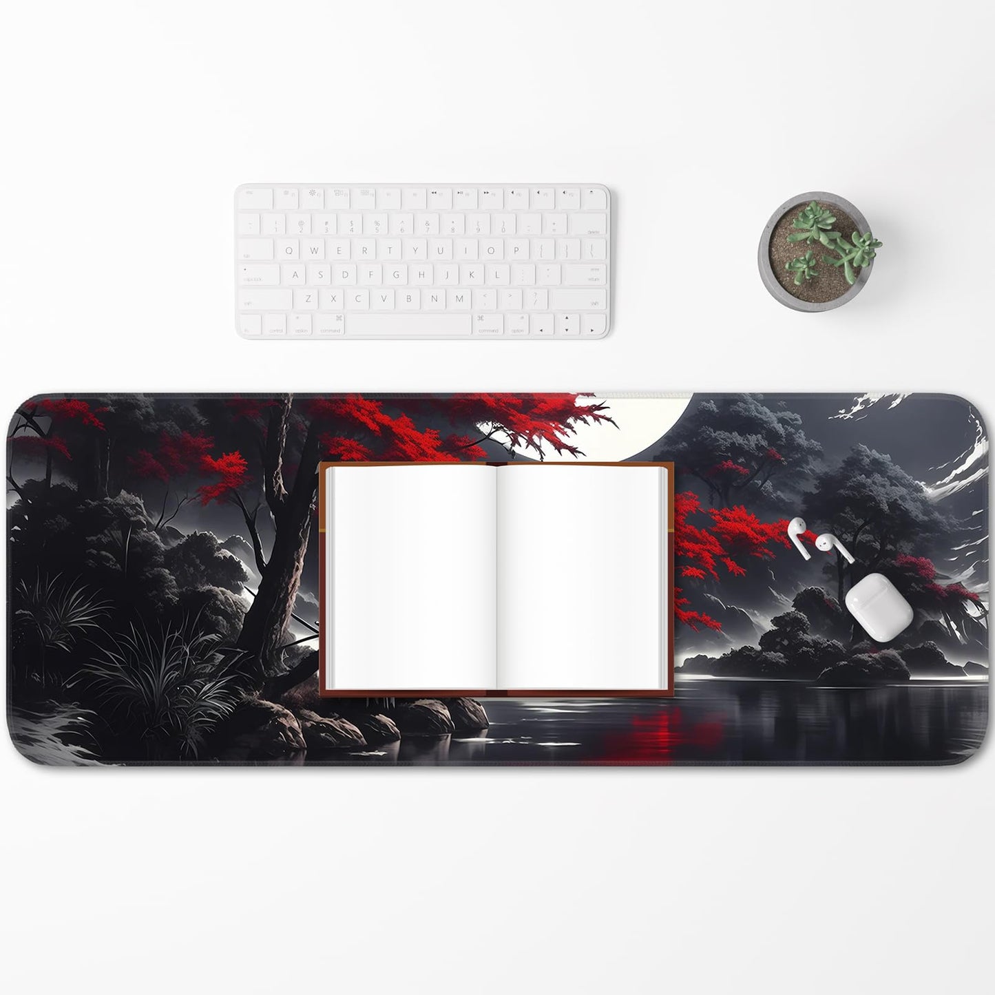 Japanese Dark Red Moon Gaming Mouse Pad, Extended Mouse Pad with Non-Slip Base, Full Keyboard Pad