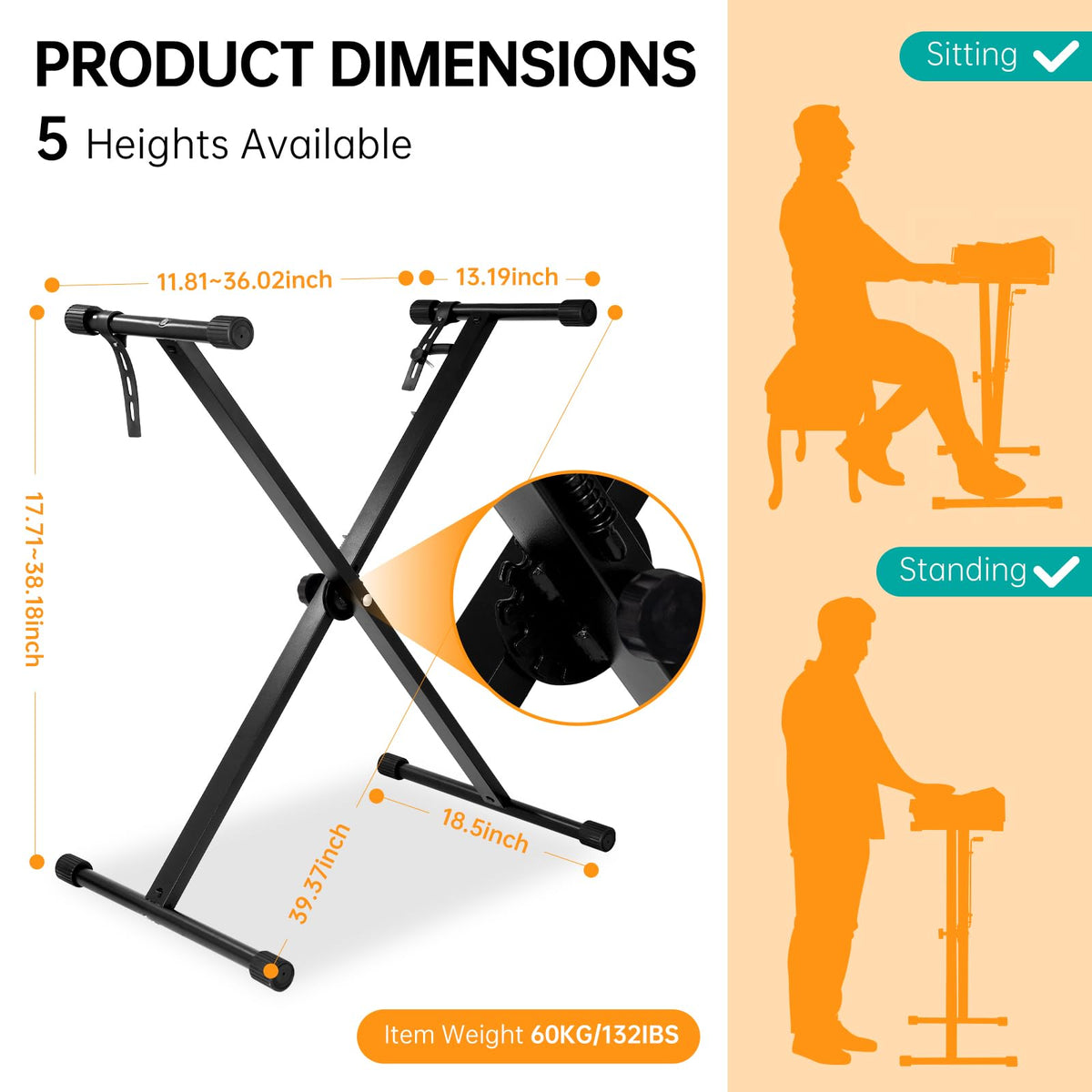 AODSK Single-X Keyboard Stand, 1-Second Adjust, Locking Straps, 61-88 Keys