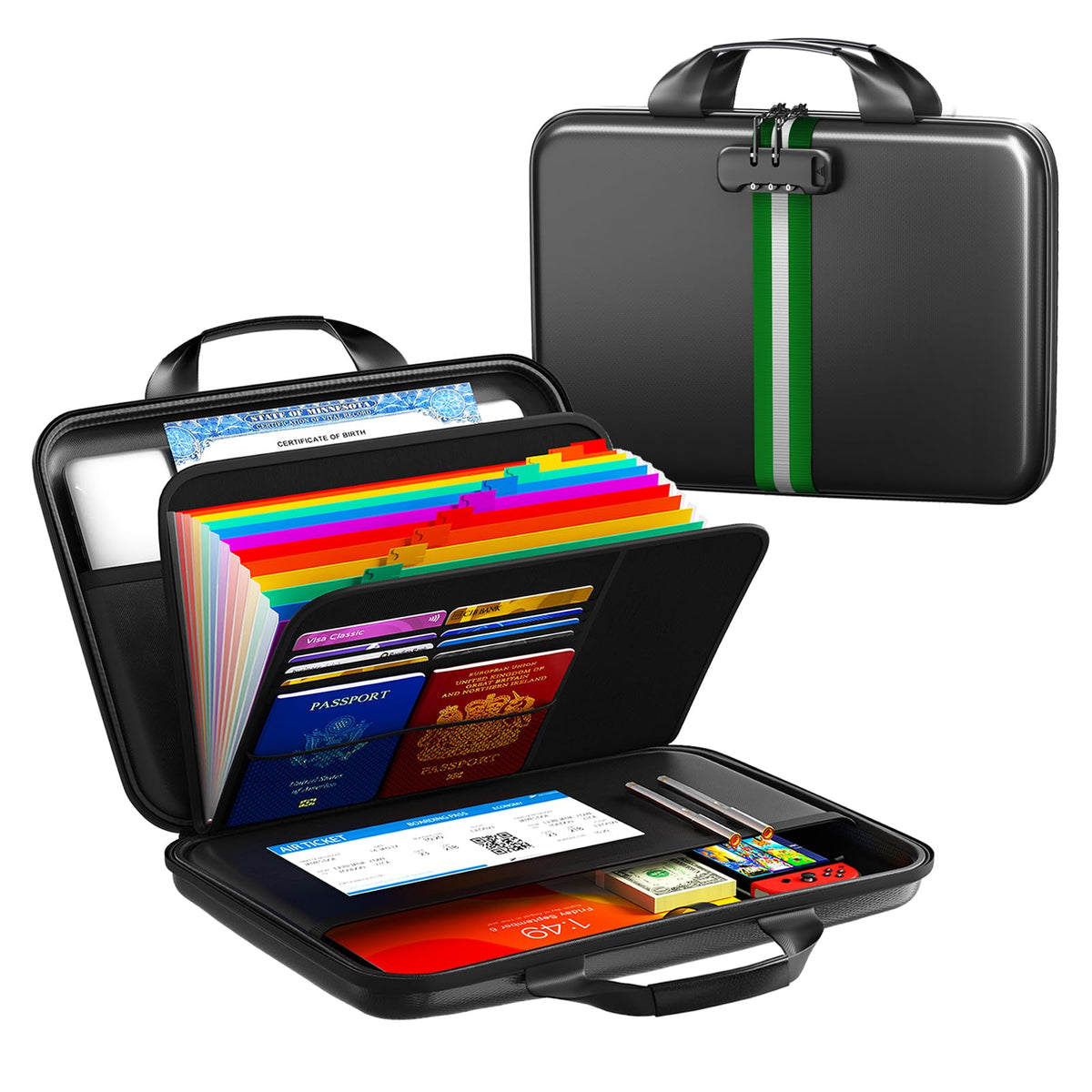 IPYIPY Fireproof Document Organizer with Lock, Semi-Rigid EVA Shell File Box with 13-Pocket