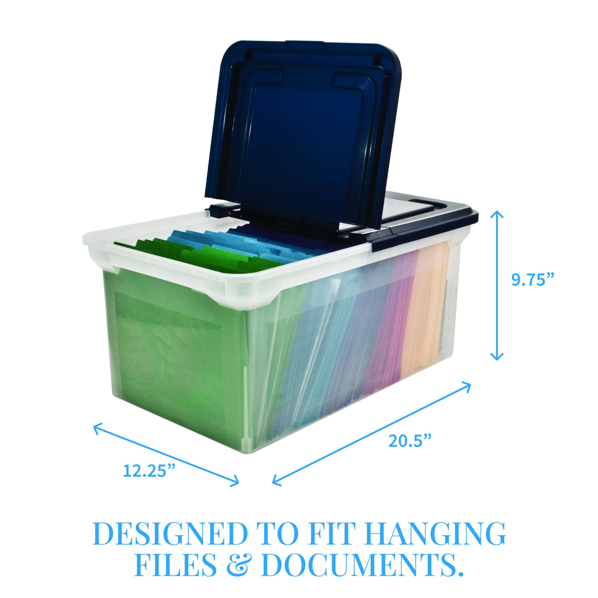 Innovative Storage Designs 55797 File Tote with Hinged Lid, Letter, Plastic, Clear/Navy