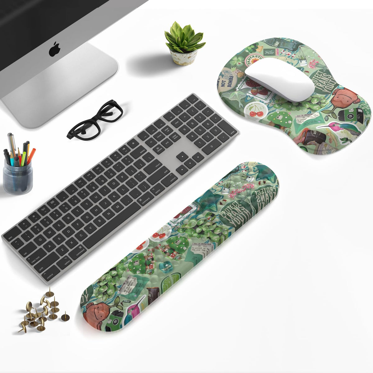Mint Green Keyboard Wrist Rest Support Mouse Pad&Keyboard Set, Cute Green Ergonomic Mousepad