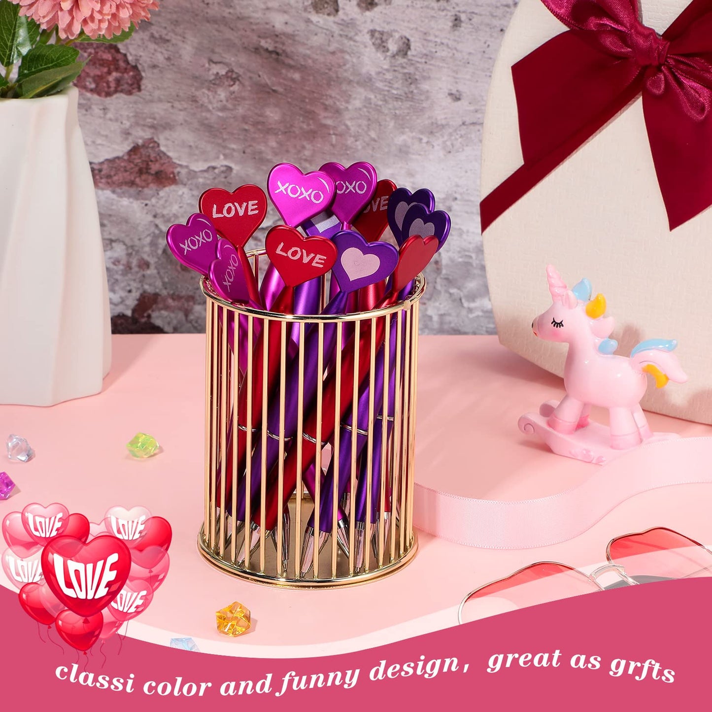 Jeyiour 96 Pcs Valentines Day Heart Shaped Pens Bulk 1 mm Rollerball Black Gel Ink Pretty Novelty