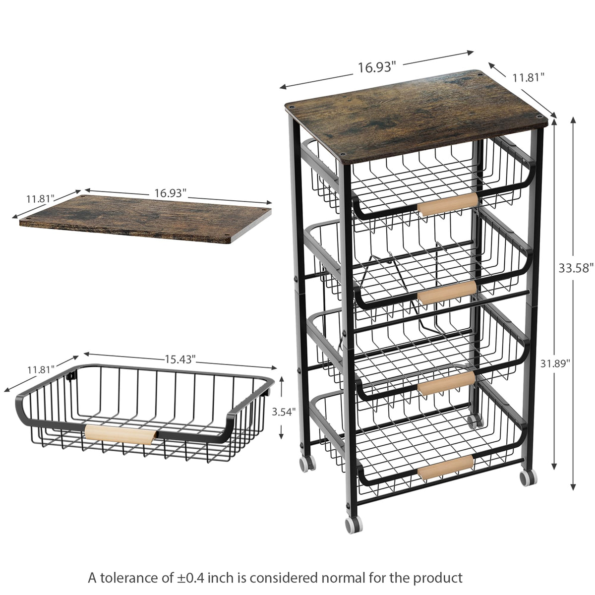 JAQ 5-Tier Fruit Vegetable Storage Cart with Wood Top, Rolling Kitchen Basket Organizer with