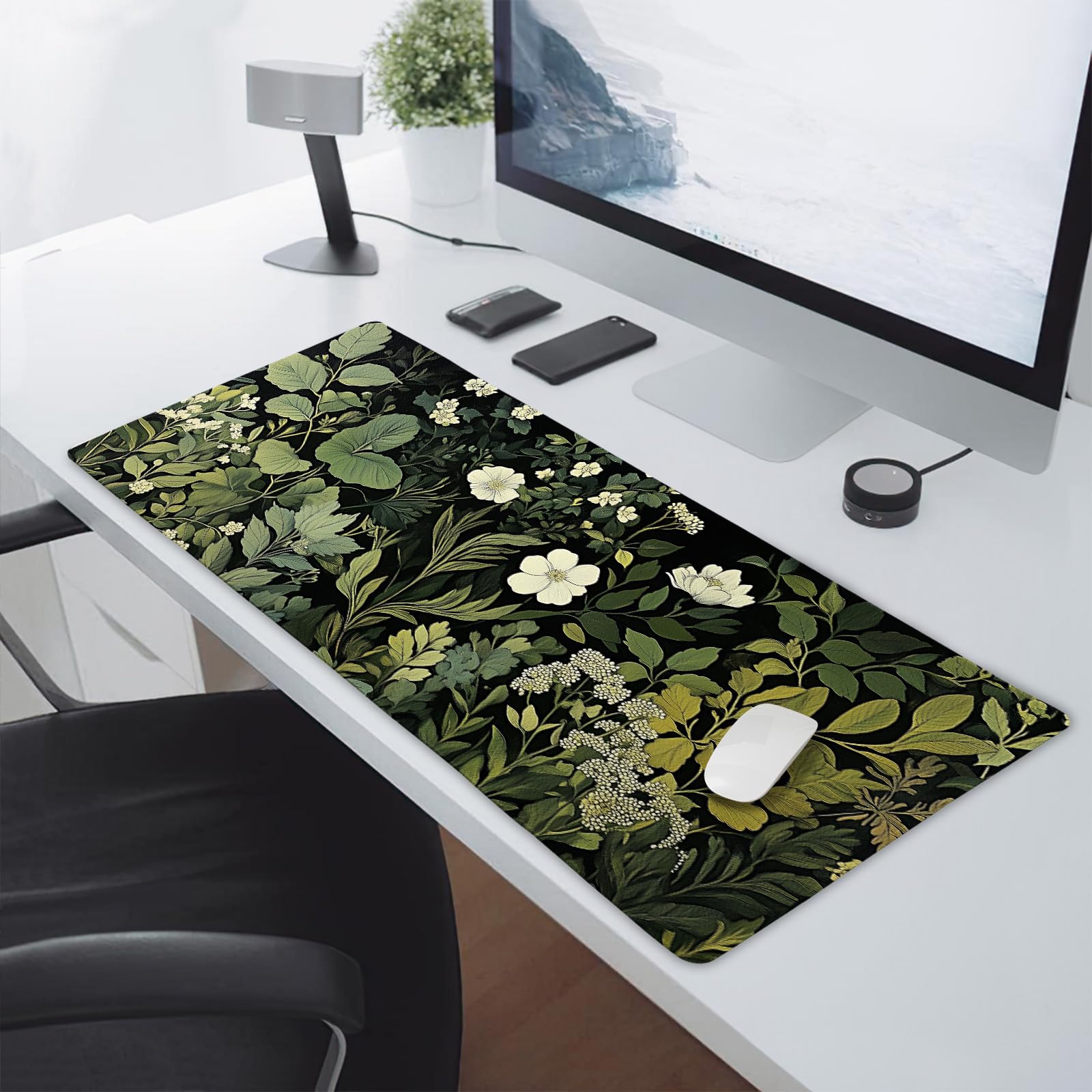 Green Leaves Mouse Pad XXL Botanical Plants Beige Floral Extended Table Mat 90X40 cm Non-Slip