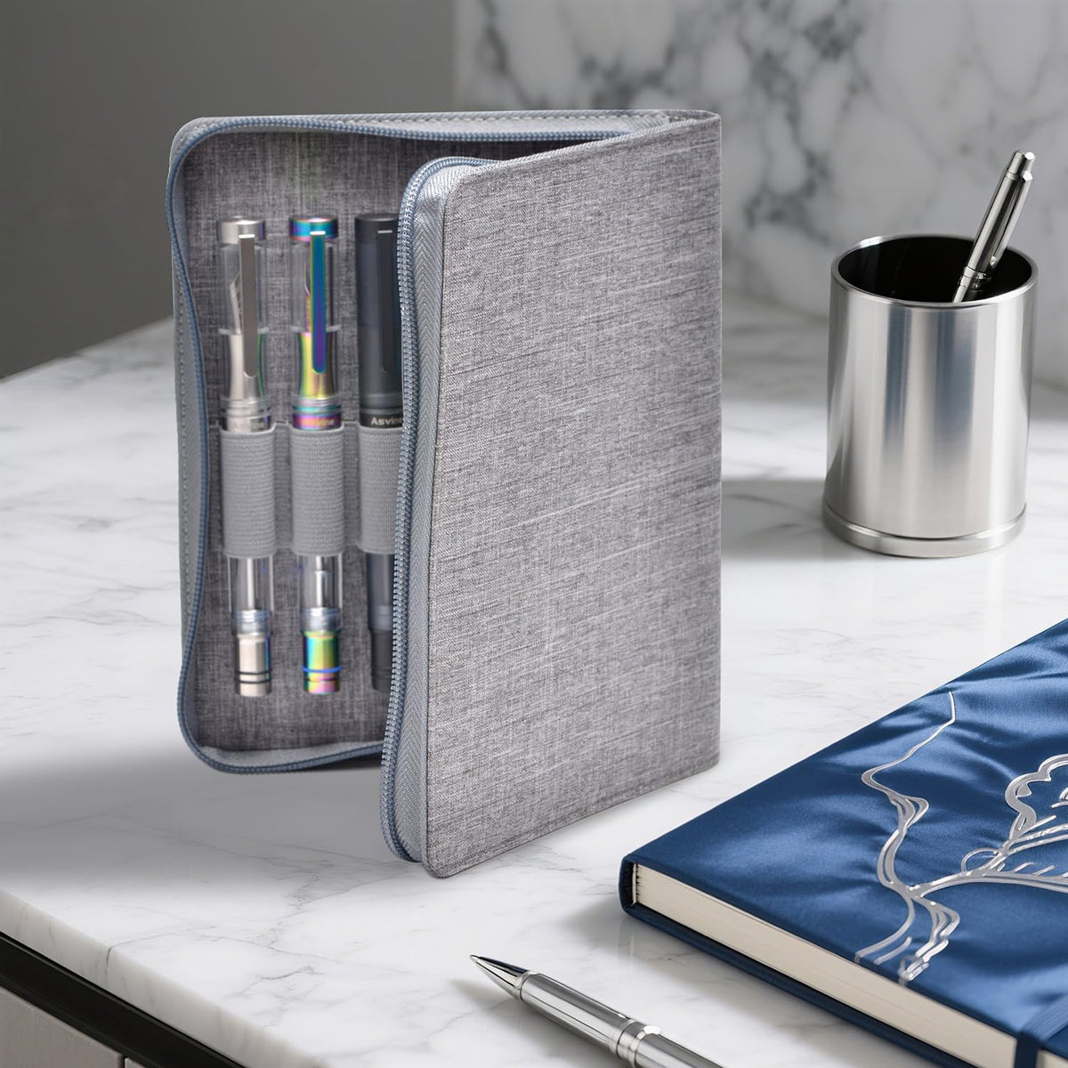 Asvine 12 Fountain Pen Case Gray Organizer Bag - Premium Waterproof Canvas Pen Display Holder