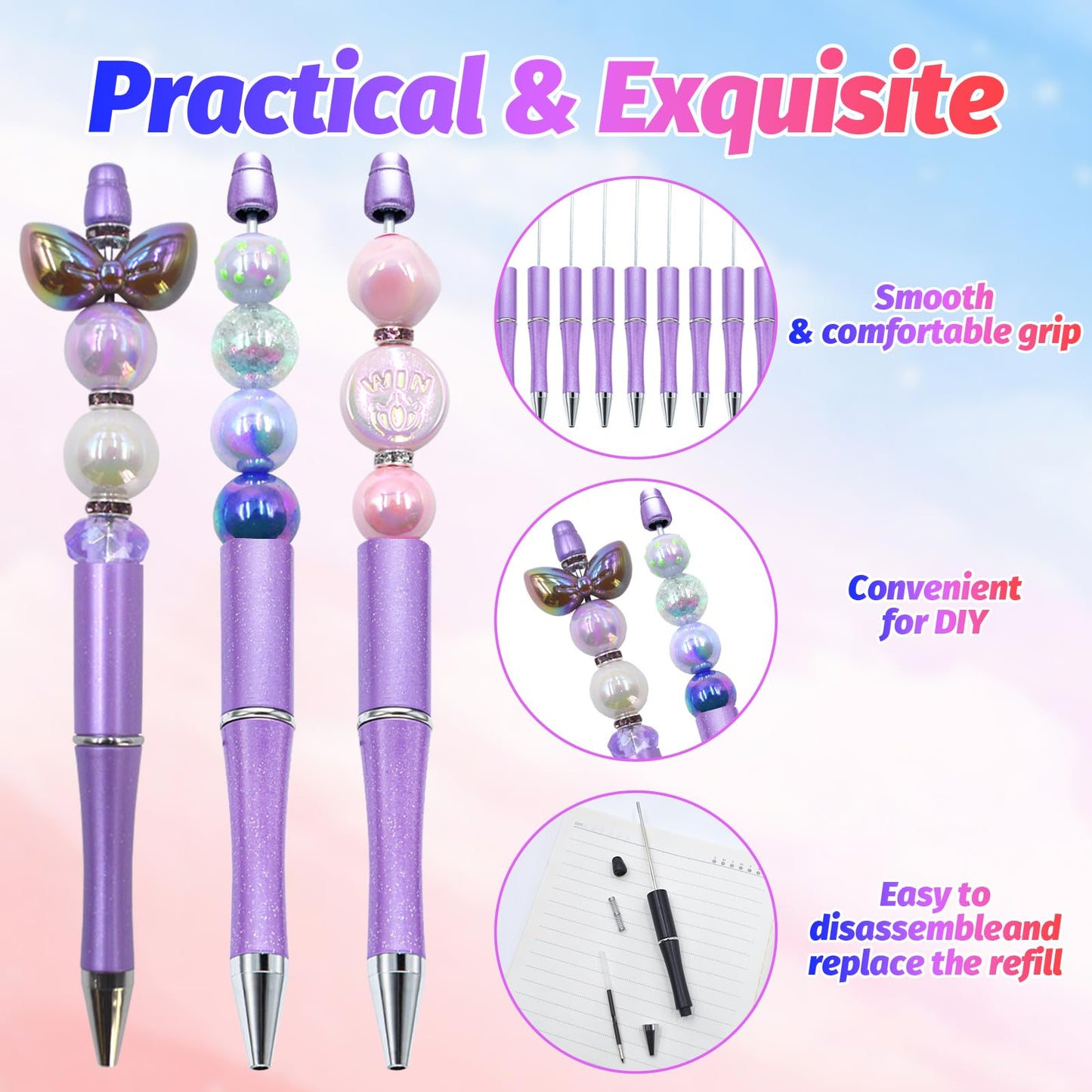 DASTTUIS 300 Pieces DIY Beadable Pen Kit – 100 Plastic Ballpoint Pens with Refills & Bags – School