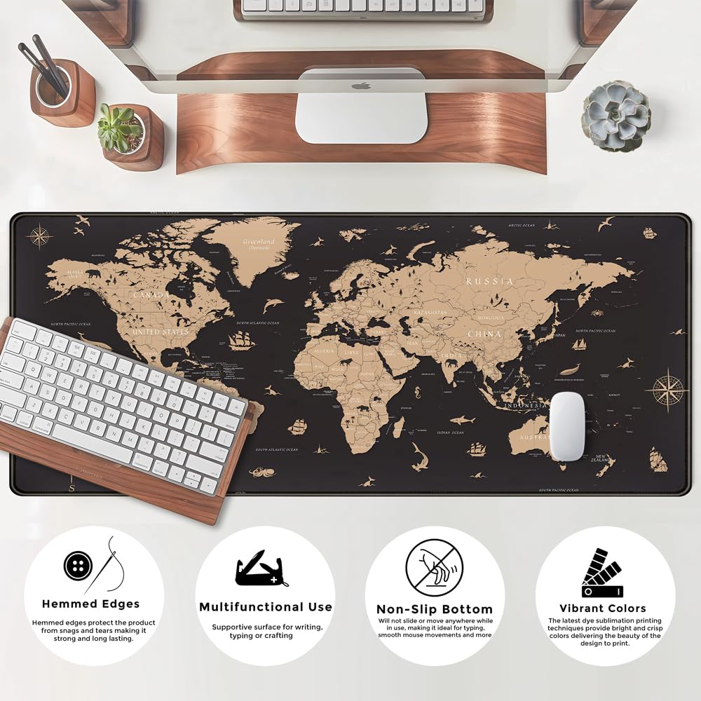 World Map Desk Mat Historical World Map Desk Pad Extra Large Computer Mouse Pad XL Black