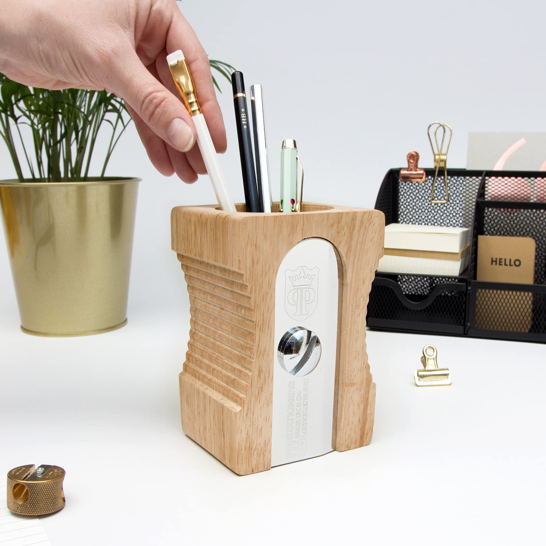 Suck UK Pen Holder - Wooden Pencil Sharpener - Stationary Organiser - Desk Tidy - Quirky Office