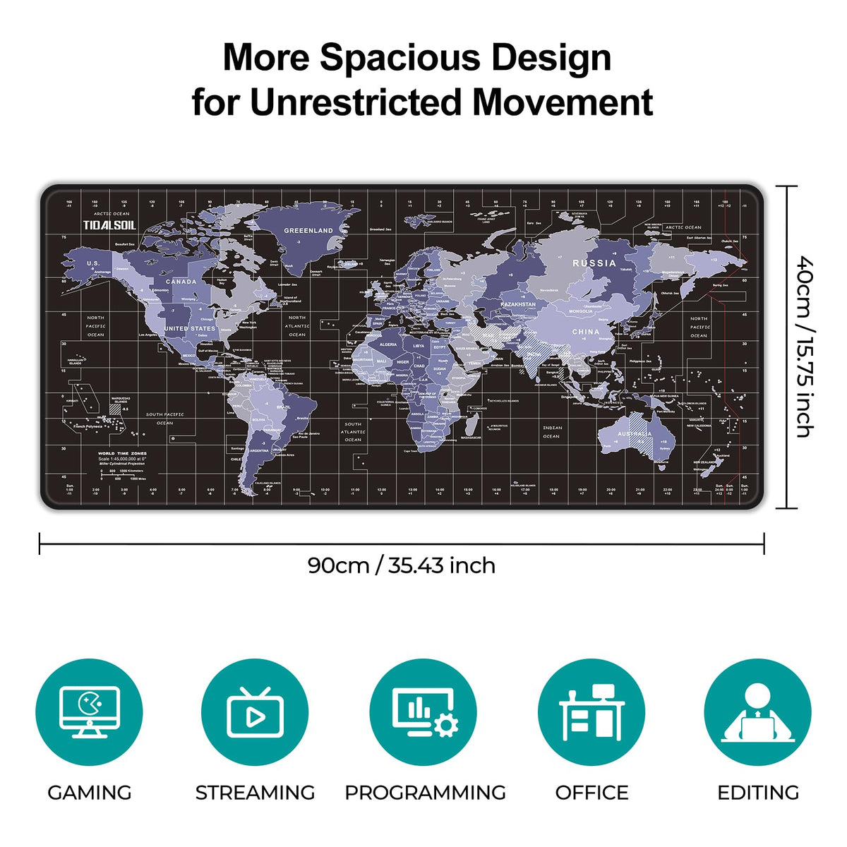 TIDALSOIL XXL World Map Mouse Pad, Oversize Desk Mat with Global Time Zones
