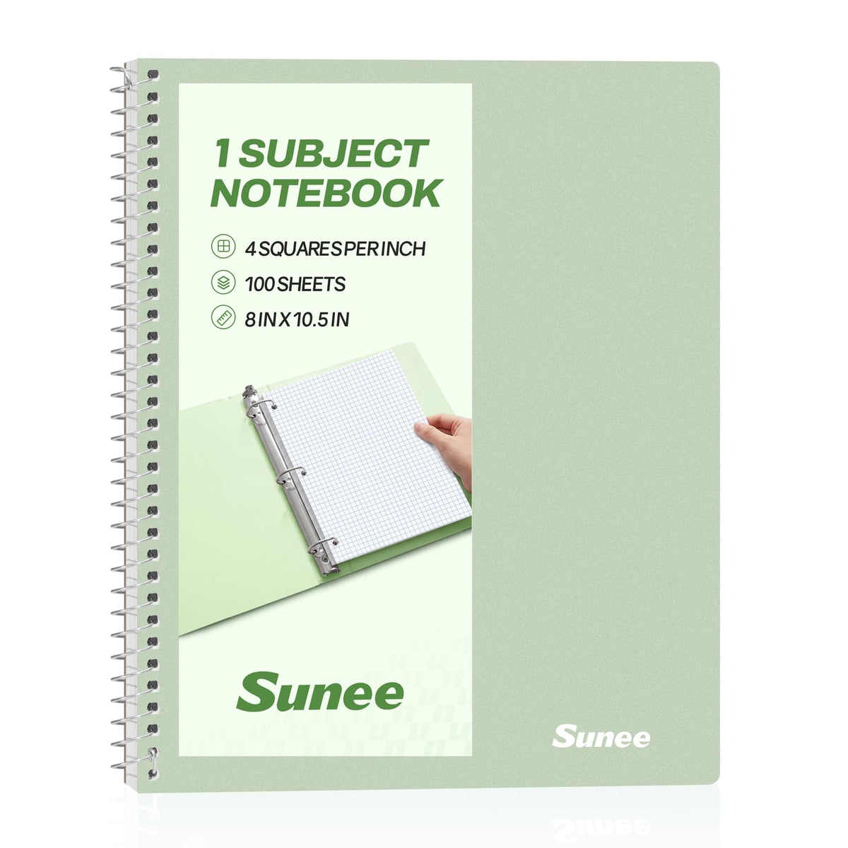 SUNEE Spiral Notebook, 1-Subject, Graph Ruled Paper, 8" x 10-1/2", 100 Sheets per Notebook, 3-Hole