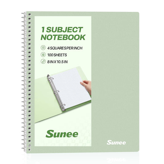 SUNEE Spiral Notebook, 1-Subject, Graph Ruled Paper, 8" x 10-1/2", 100 Sheets per Notebook, 3-Hole