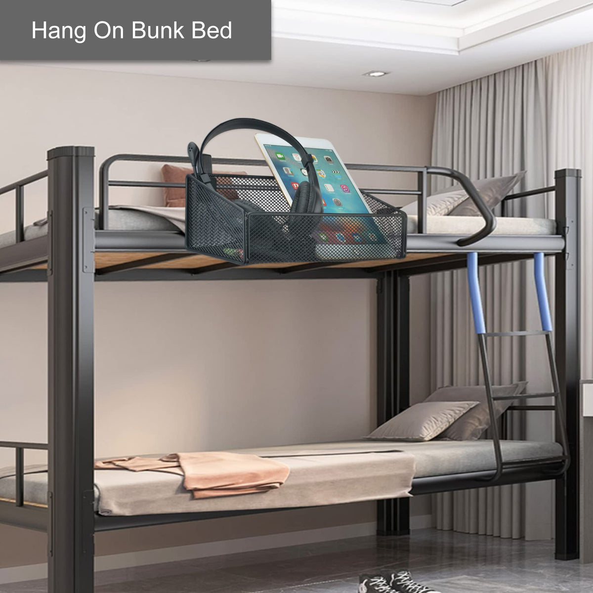 MATIMASU Bedside Caddy Hanging Storage Basket Beside Shelf Metal Organizer for Collage Dorm Bunk