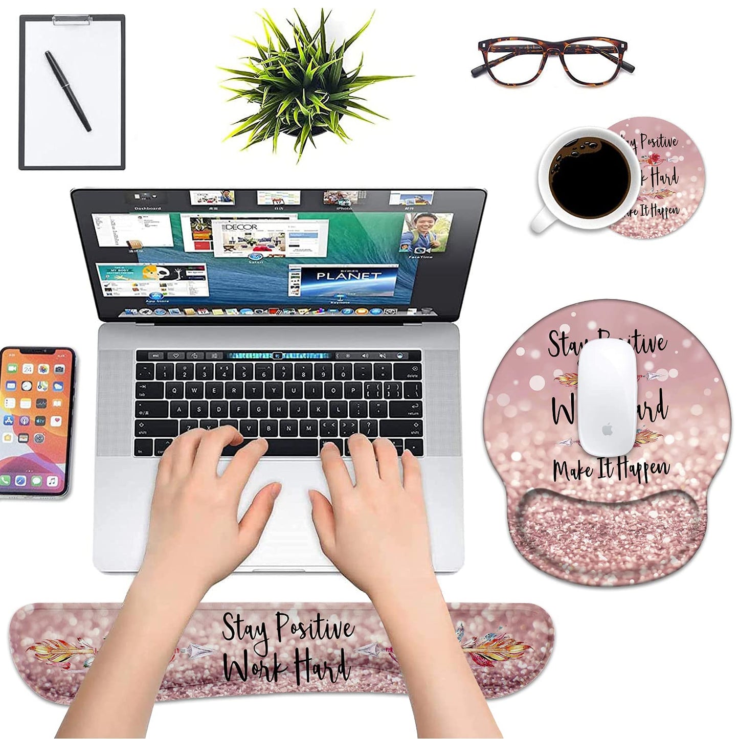 LOWORO Keyboard Wrist Rest and Mouse Pad Support Set with Coasters, Inspirational Quote Stay