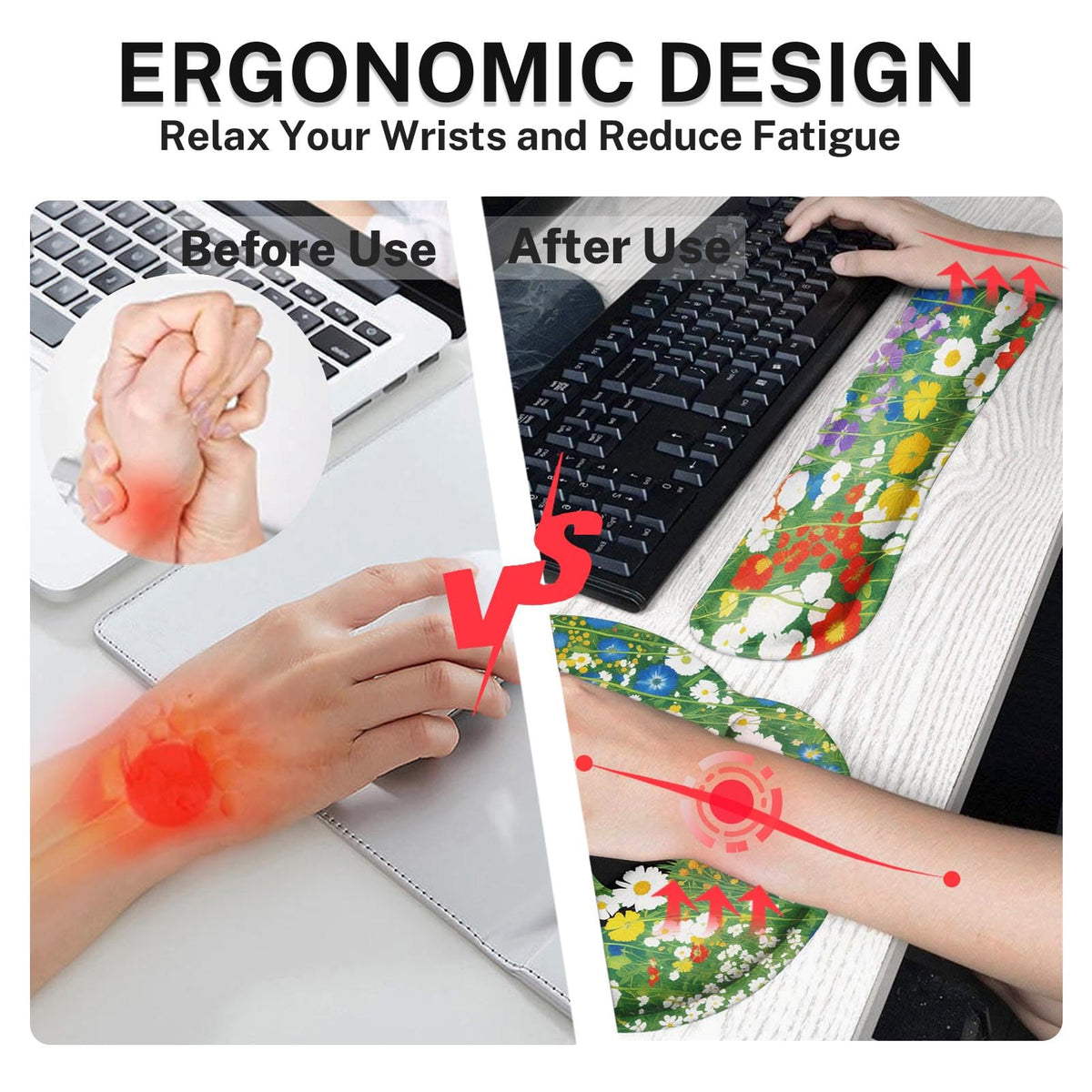 Arttown Keyboard Mouse Pad Set, 4 in 1 Desk Mat Set Cat Flower Cute