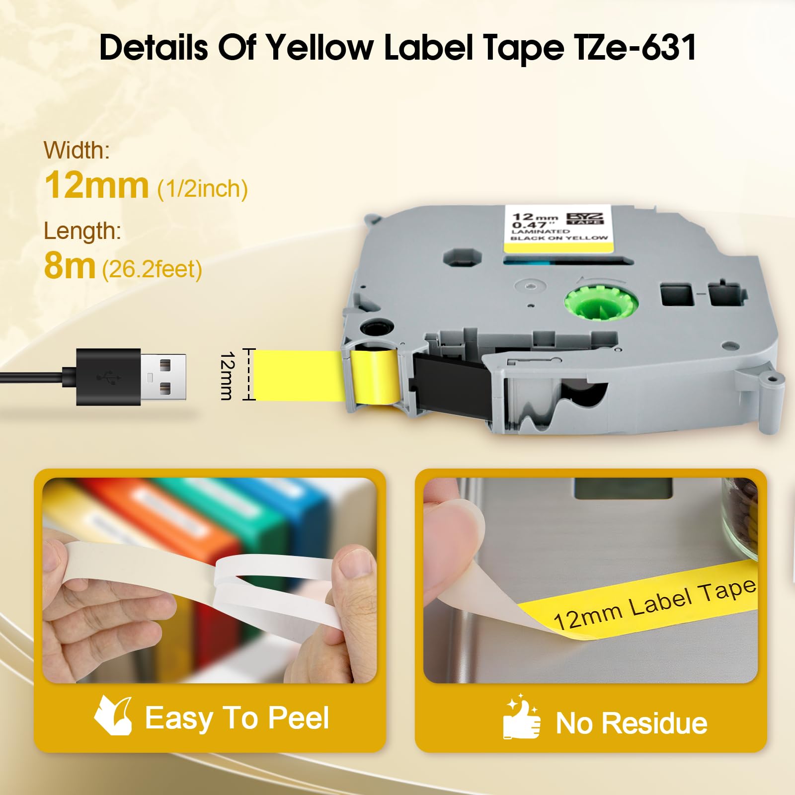 TZ Yellow Tape 12mm 0.47 Compatible for Brother PTouch TZe-631