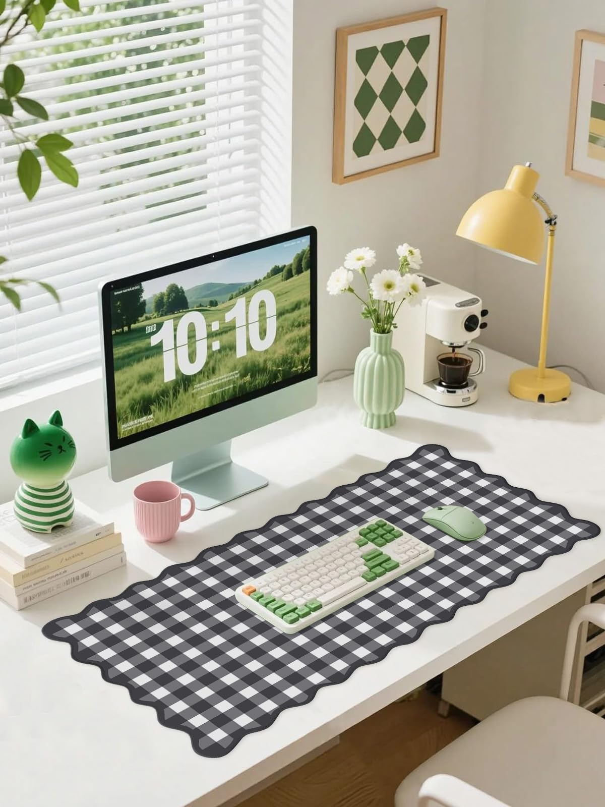 ohisxiacy Scalloped‌ Black Desk Mat Checkered Gingham Cute XXL Large Gaming Mouse Pad Kawaii