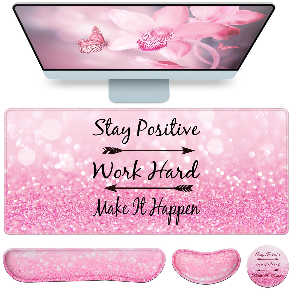 QOMOLAMA Mousepad Pink, Mouse Pad with Wrist Rest, 4-in-1