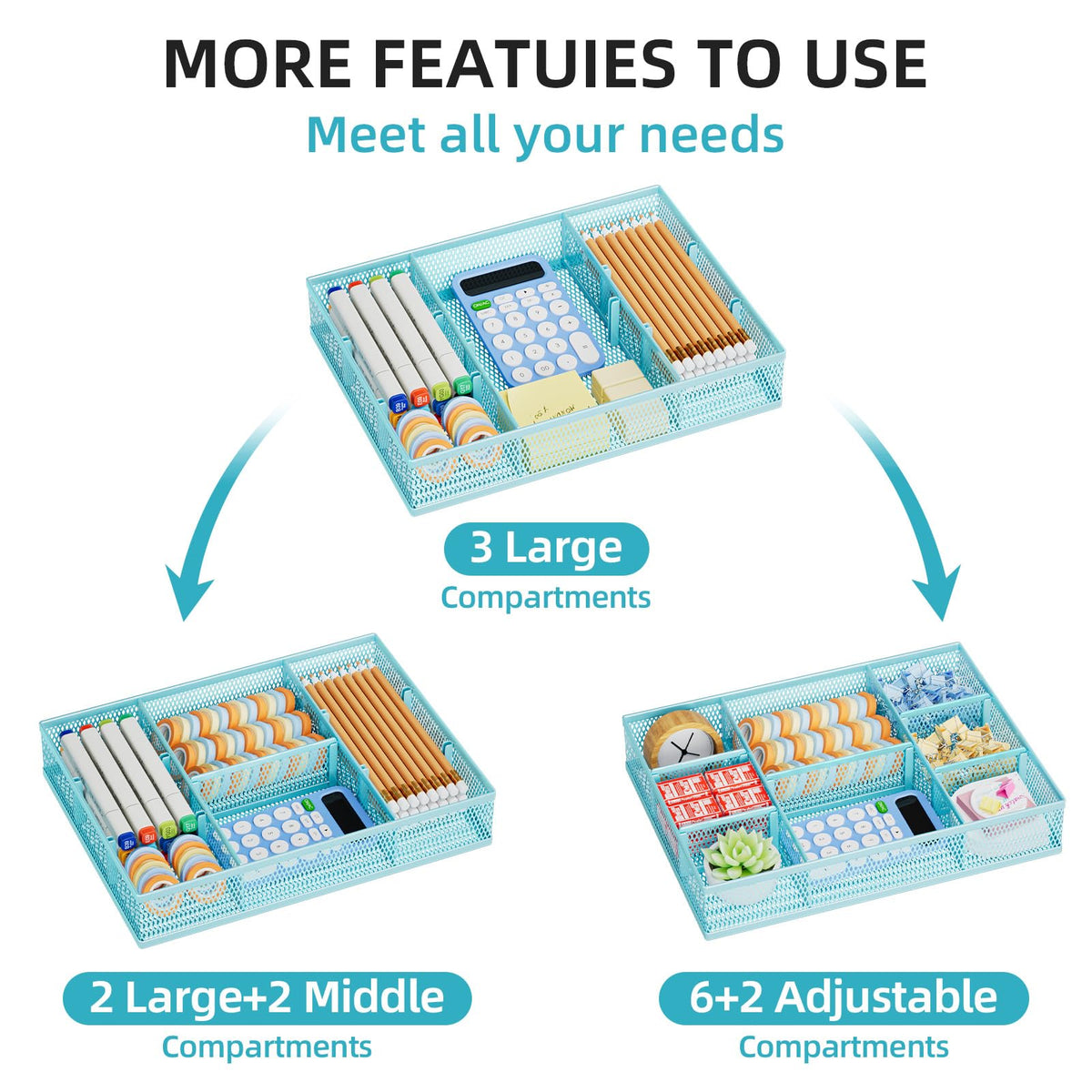 Marbrasse 2 Pack Desk Drawer Organizer, Mesh Drawer Organizer Tray with 8 Adjustable Compartments