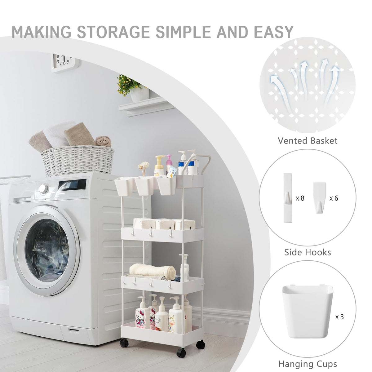 danpinera Storage Cart, 4 Tier Narrow Rolling Storage with Wheels & Dividers, Bathroom Organizer