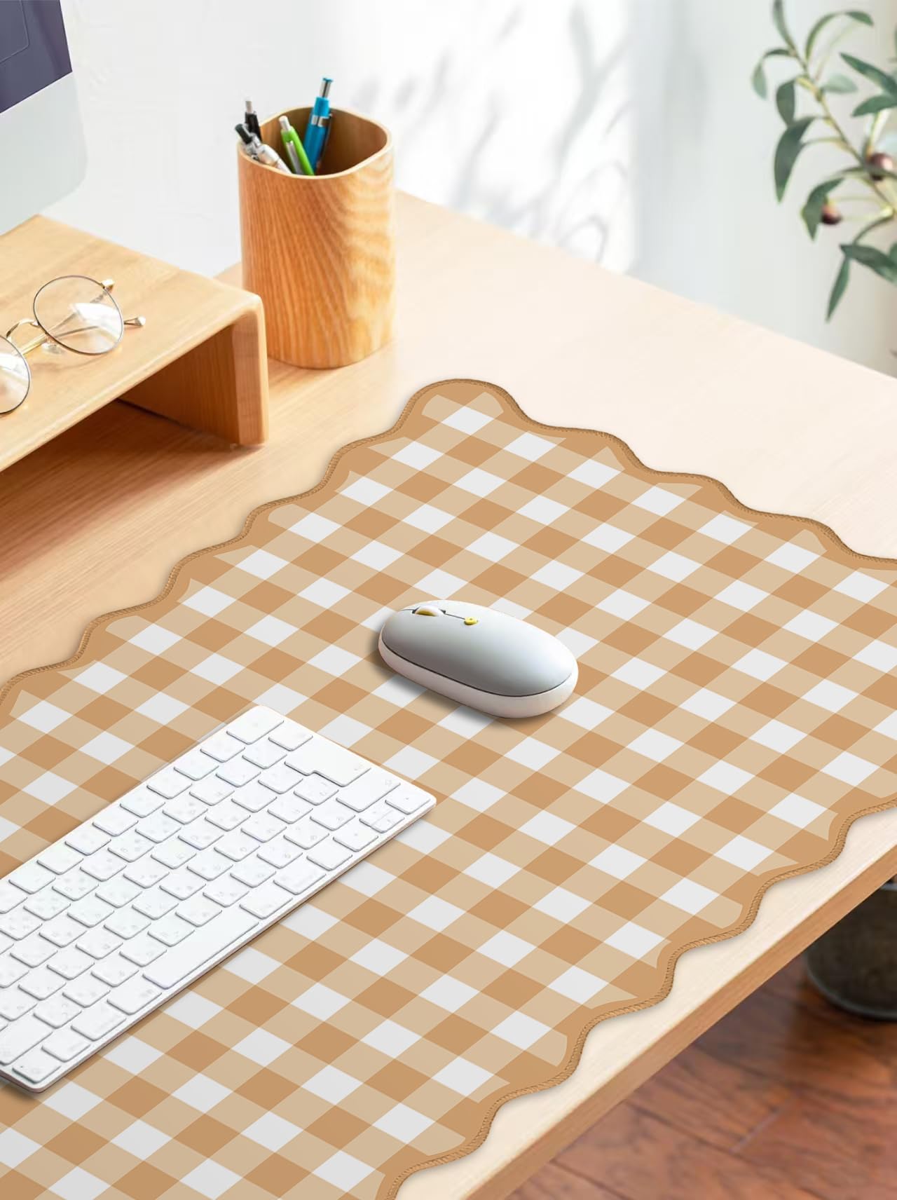 Scalloped‌ Orange Checkered Gingham Desk Mat Cute Pastel Large Mouse Pad Kawaii Cottagecore