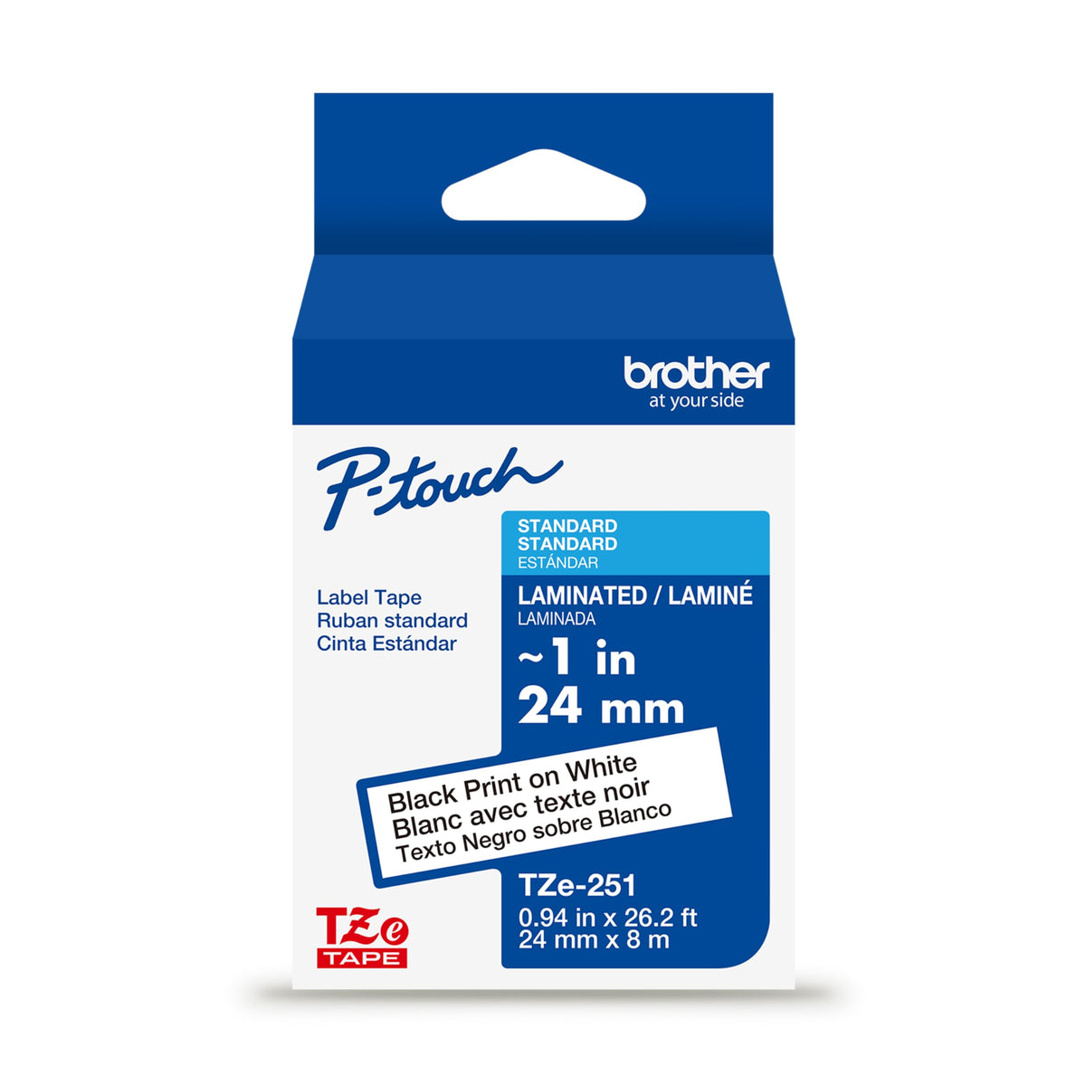 Brother P-Touch TZe251, Laminated, ~1 in x 26.2 ft (24mm x 8m), Black on White Label Tape