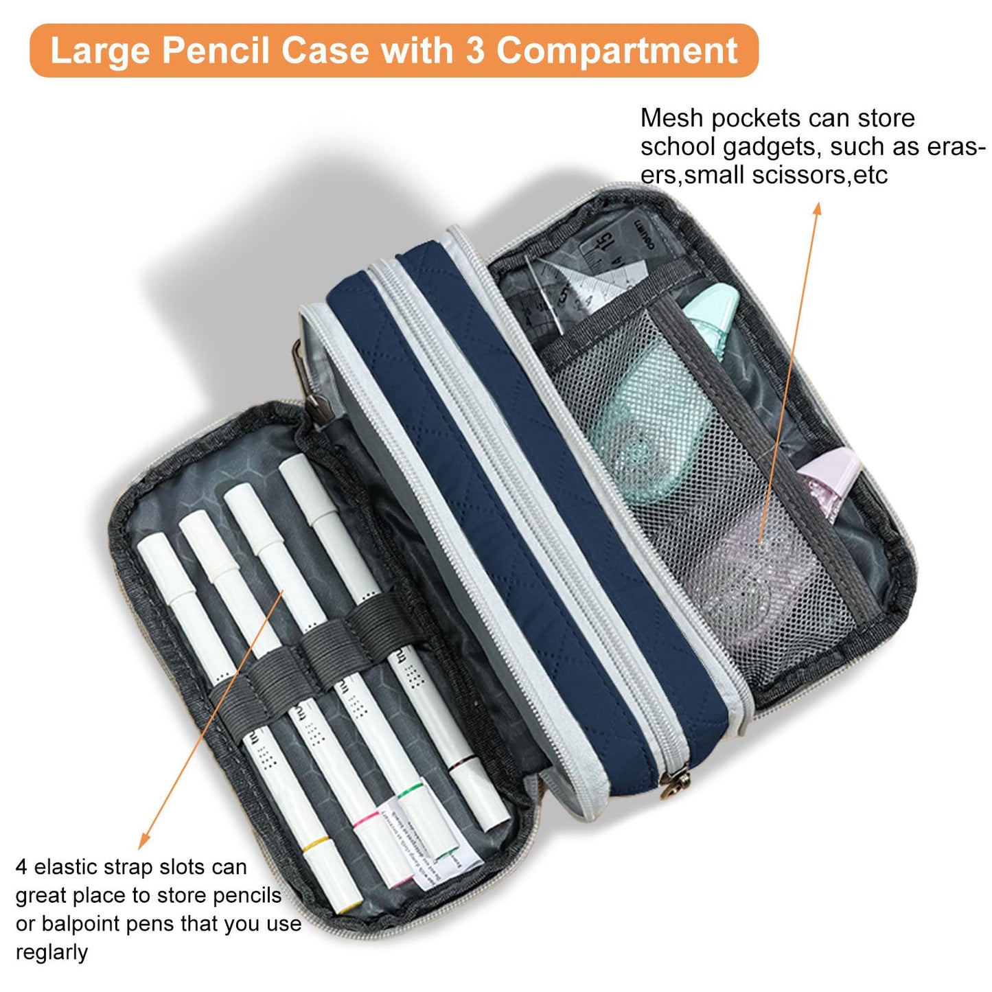 Della Gao Large Pencil Case, Big Capacity Pencil Pouch with 3 Compartments
