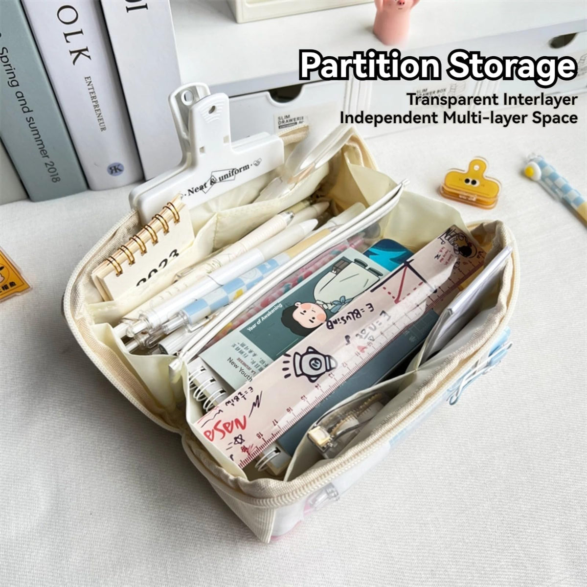 SIORTIO Pencil Pouch Multi-Layer Large Capacity Capybara Print Quirky Fun Cute (Beige-1)