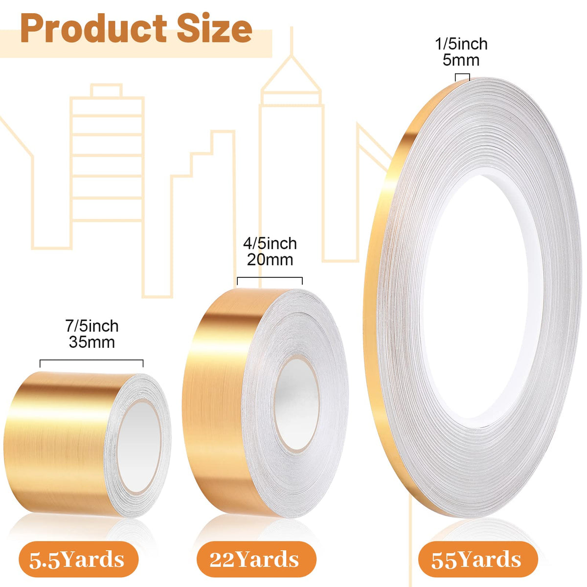 Zonon Gold Washi Tape for Wall Decor Metallic Trim Self Adhesive 5/20/35mm