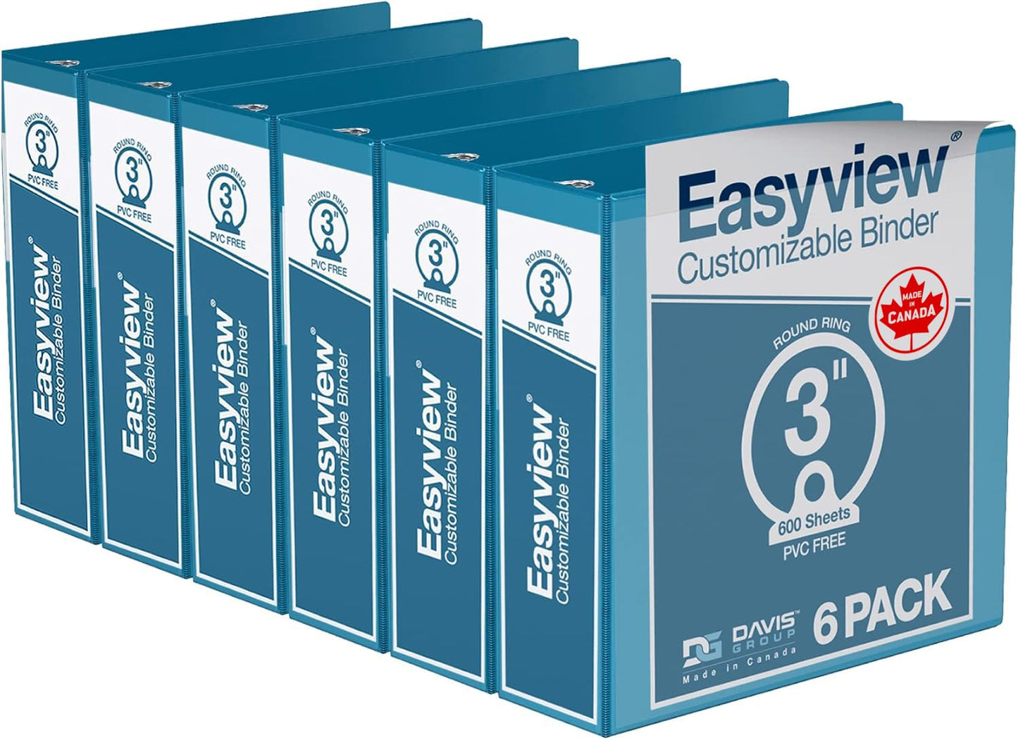 Easyview 3-Ring Binder, Clear-View Cover, 3" Round Rings, Turquoise, 6 Pack