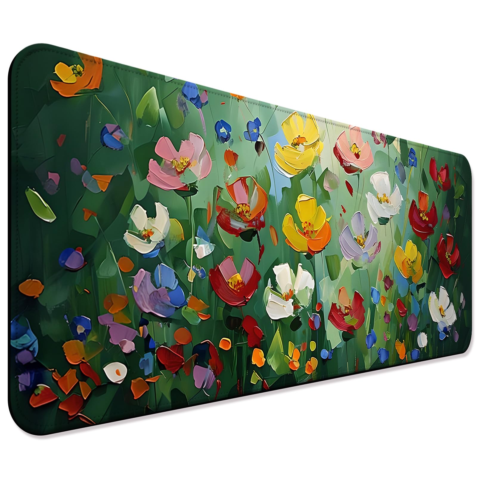 Abstract Green Wildflower Gaming Desk Mat, Computer Keyboard Large Extended Long Floral Mouse Pad