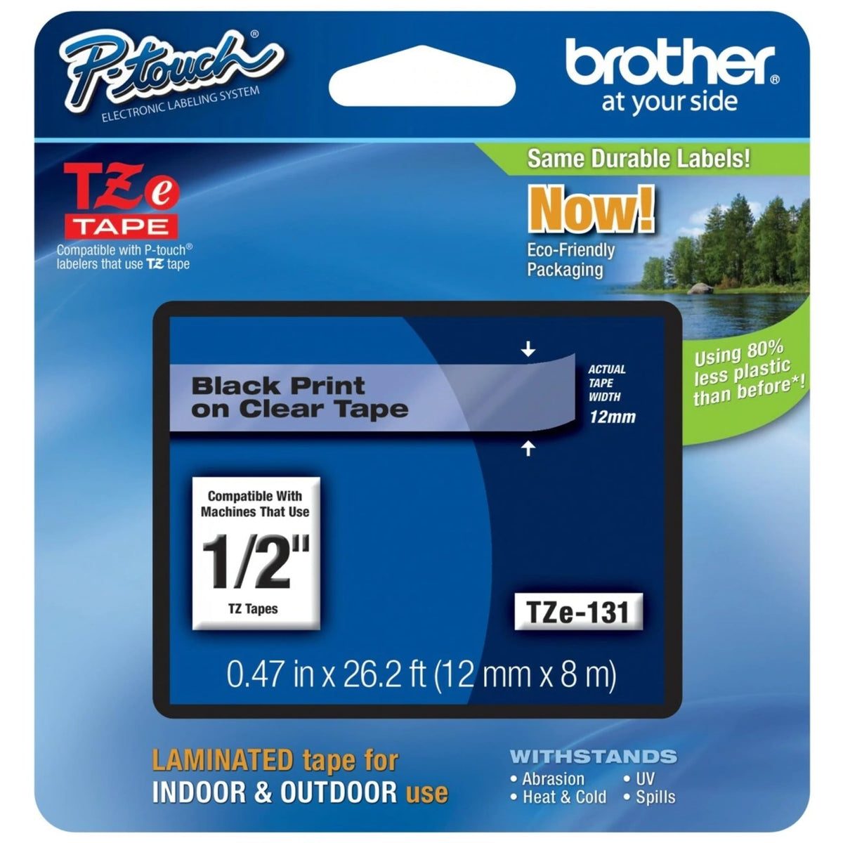 Brother Genuine P-touch TZE-131 Tape, 1/2" (0.47") Standard Laminated P-touch Tape, Black on Clear