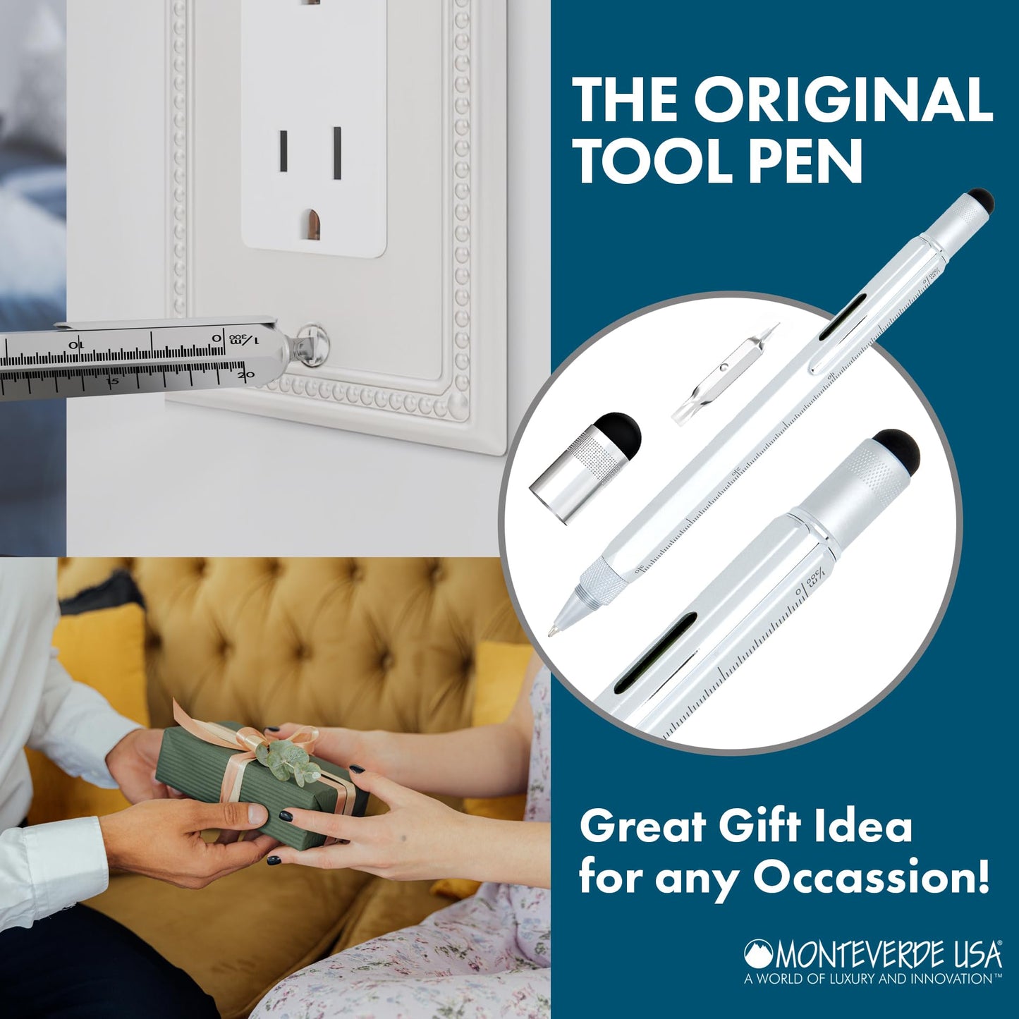 Monteverde USA 9-in-1 Tool Ballpoint Pen in Silver – Multifunctional Pen with Stylus, Screwdrivers