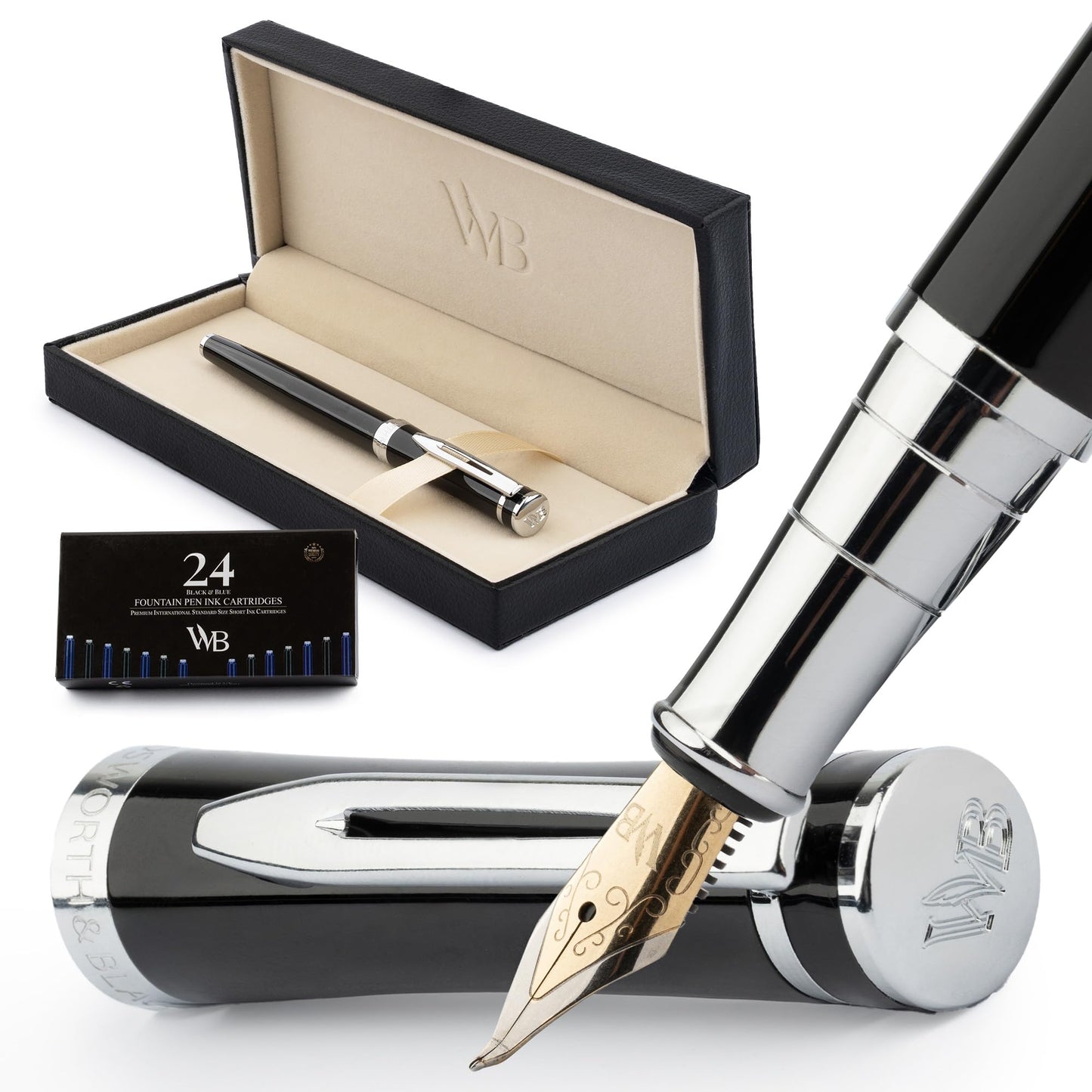 Wordsworth & Black Luxury Fountain Pen Set for Writing, Bent Nib, Black