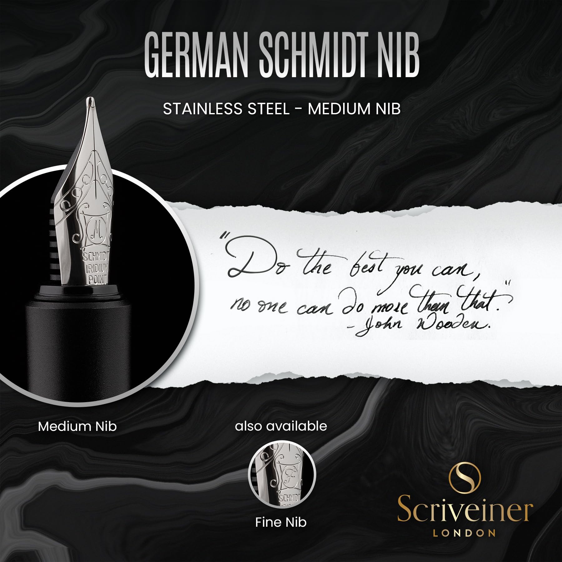Scriveiner Luxury Fountain Pen - Medium Matt Black With Chrome Finish, Schmidt German Nib