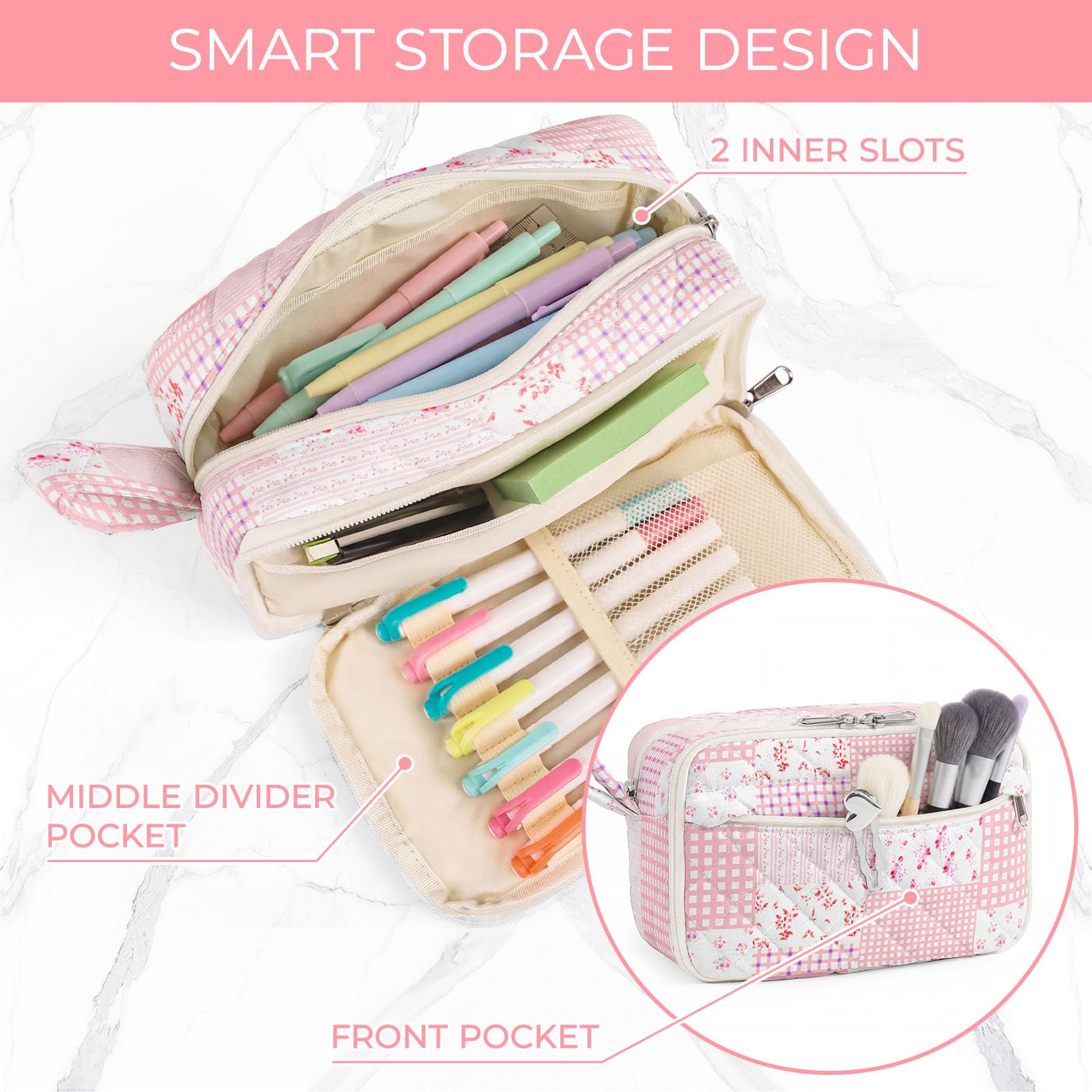 WOBAGMEN Quilted Pencil Pouch for Girls Women, Large Pencil Case Pouch with Compartments Cute