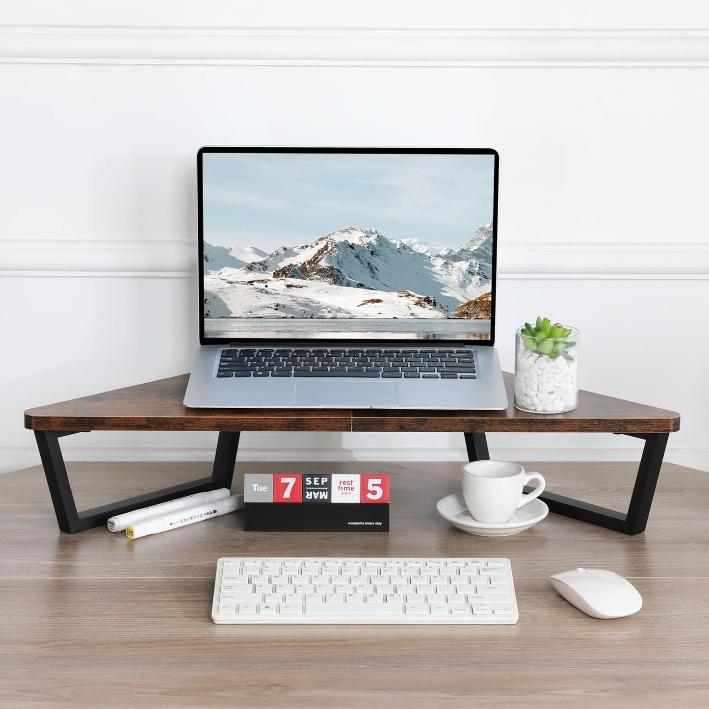 TEAMIX 26 inch Corner Monitor Stand Riser with Keyboard Storage, Espresso