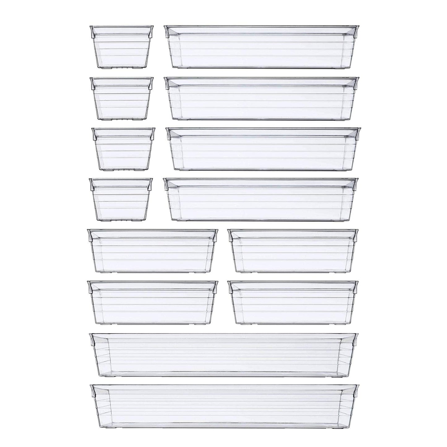 DCA 14 PCS Clear Plastic Drawer Organizer Tray, 4 Sizes Vanity Trays