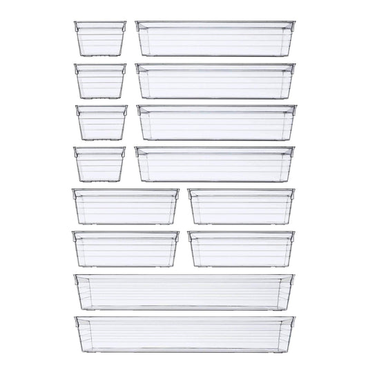DCA 14 PCS Clear Plastic Drawer Organizer Tray, 4 Sizes Vanity Trays