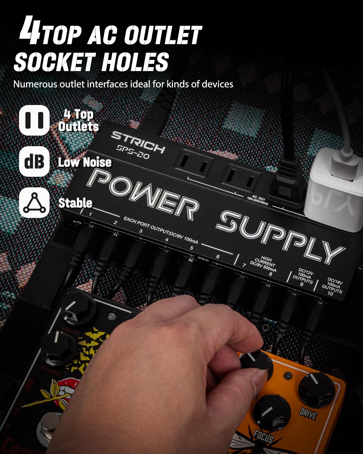 STRICH SPS-20 10-Output Pedal Power Supply for 9V/12V/18V Guitar Pedal