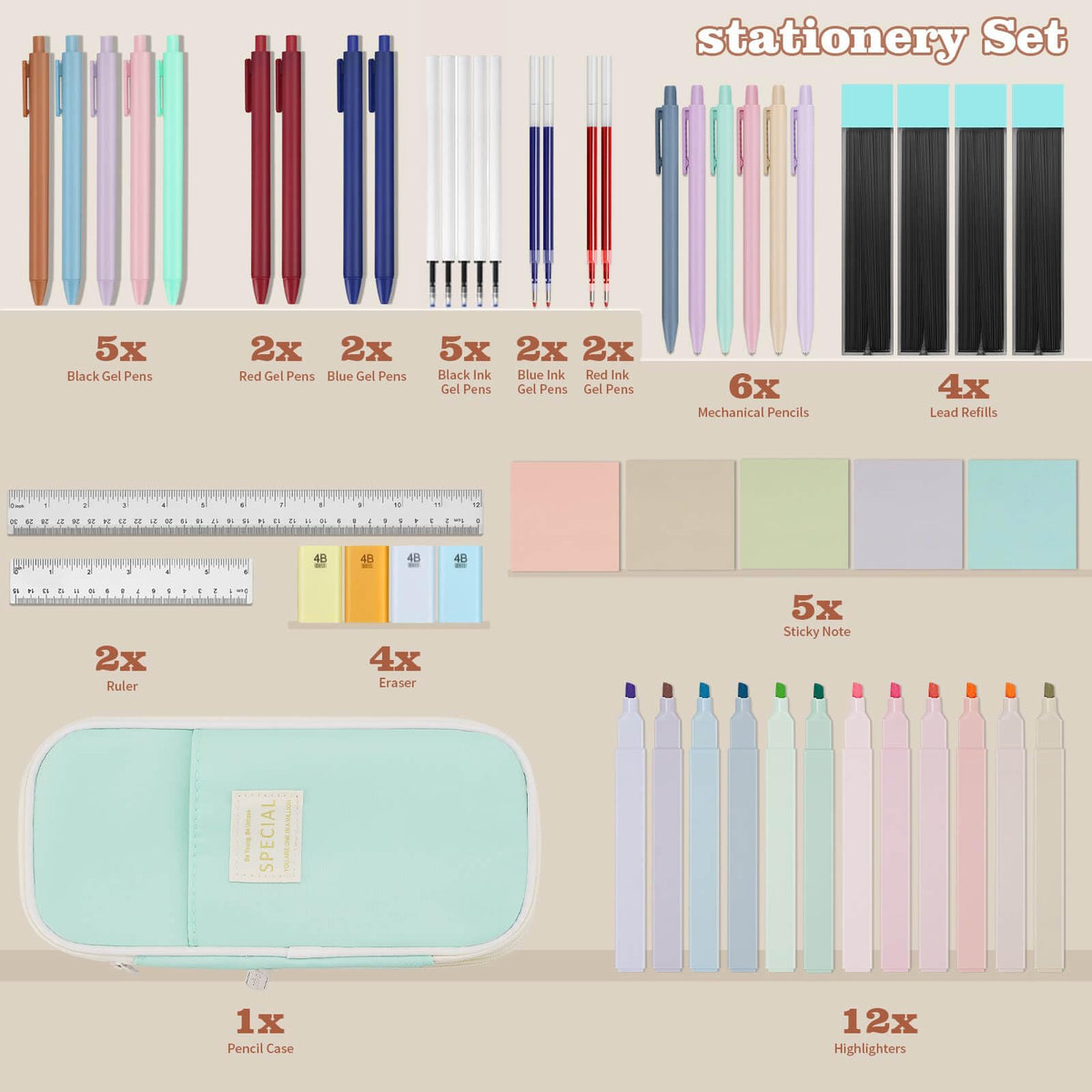 NVAZIOP 52 Aesthetic School Supplies with Cute Pen Case,5 Black, 2Blue,2 Red Ink Gel Pens,12inch