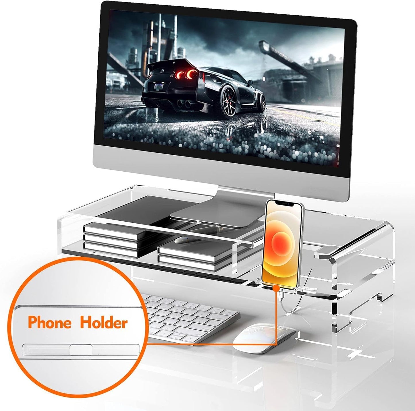 BEYGORM Acrylic Monitor Stand for Full Keyboard, 20" Wide 2-Tier