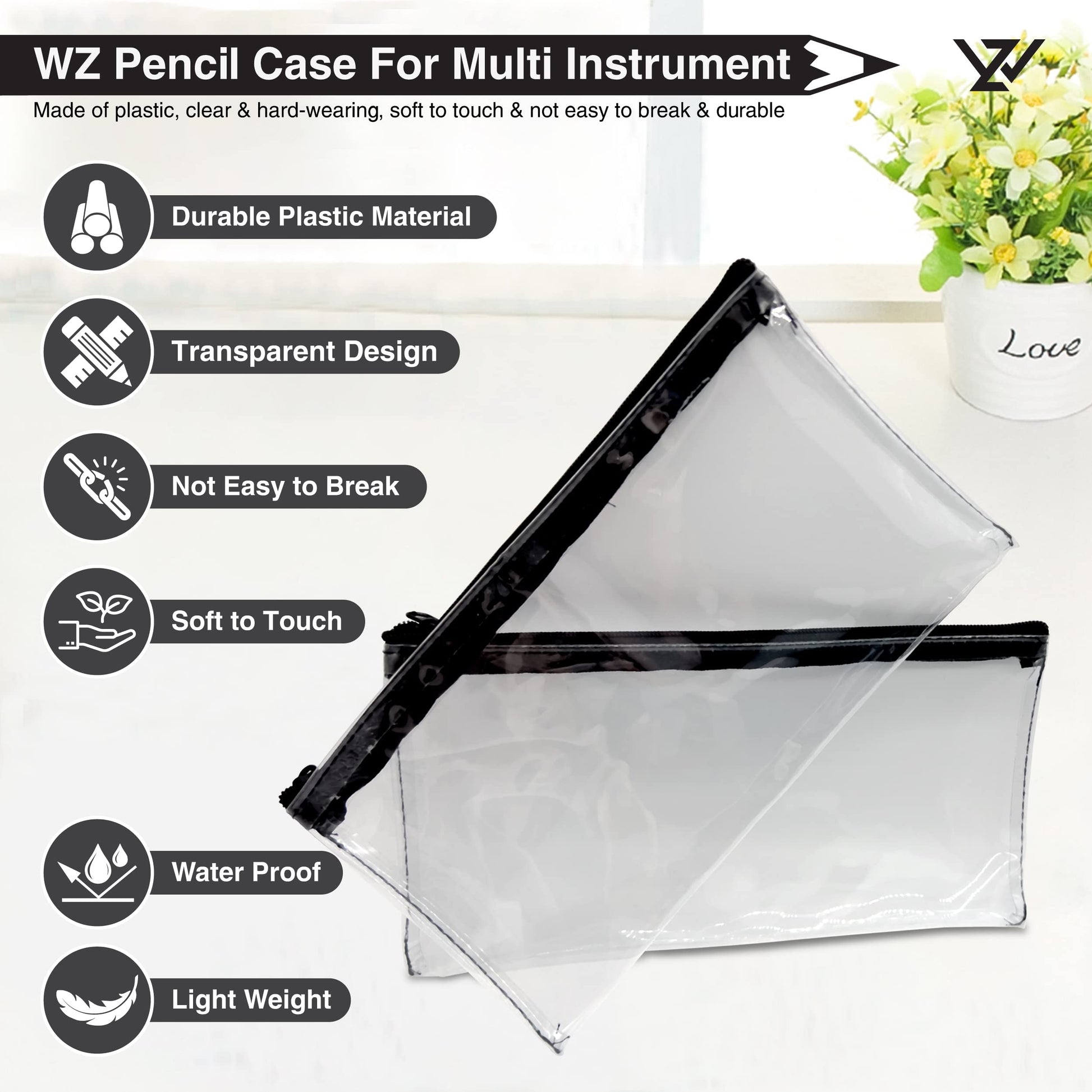 WZ Transparent PVC Pencil Cases - Clear Pencil Case with Zipper - For Girls & Boys (Pack of 2)