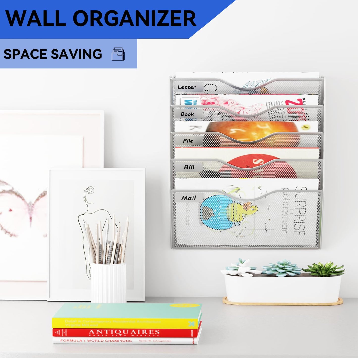GDINDINFAN 5 Pockets Hanging Wall File Organizer Mail Holder, Wall Mounted Paper Document Folder