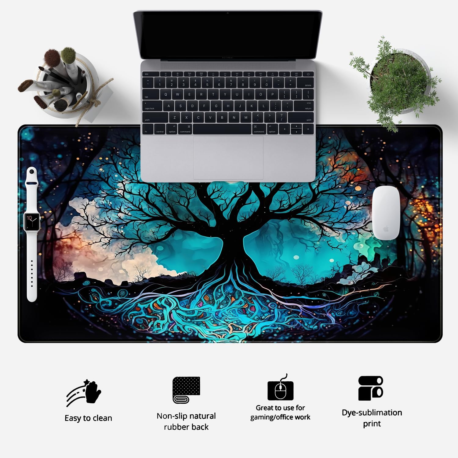 Vintage Blue AI Original Desk Mat Life Tree Aesthetics Desk Pad Large Flower Mouse Pad XXL Plant